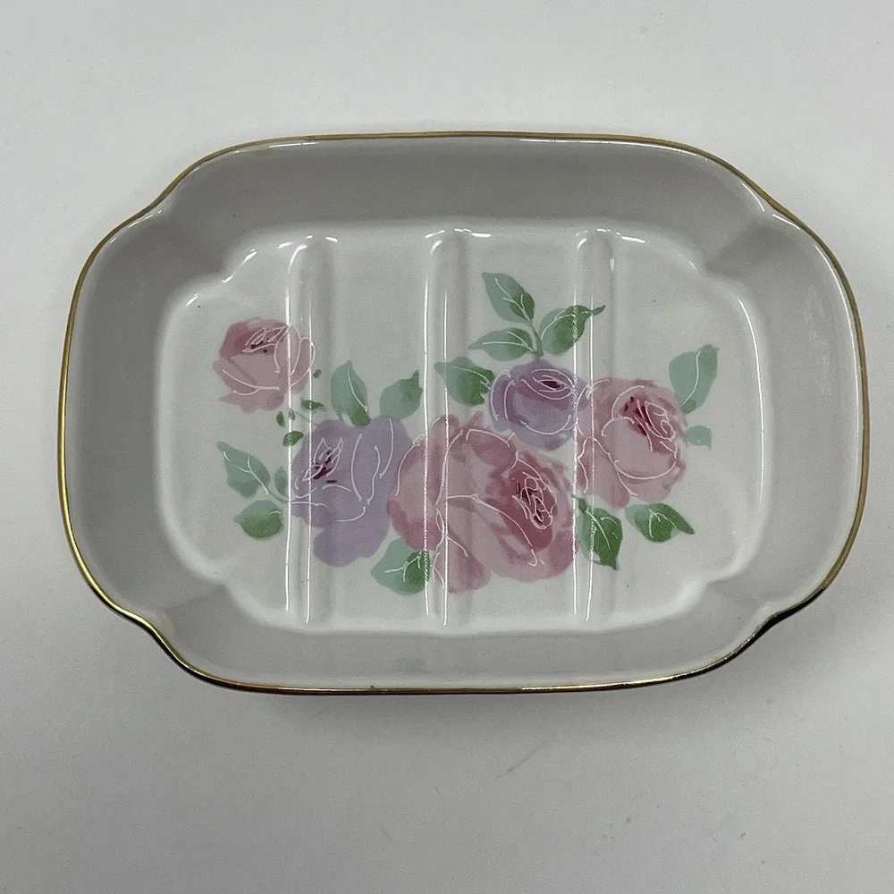 Vintage Ceramic Soap Dish Pink Purple Roses Gold Trim Made in Japan Vanity Tray